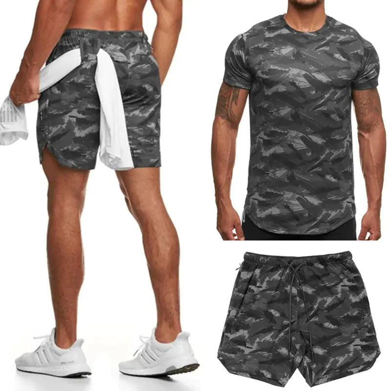 VibeWear Two-Piece Camouflage Short-Sleeved Fitness Suit