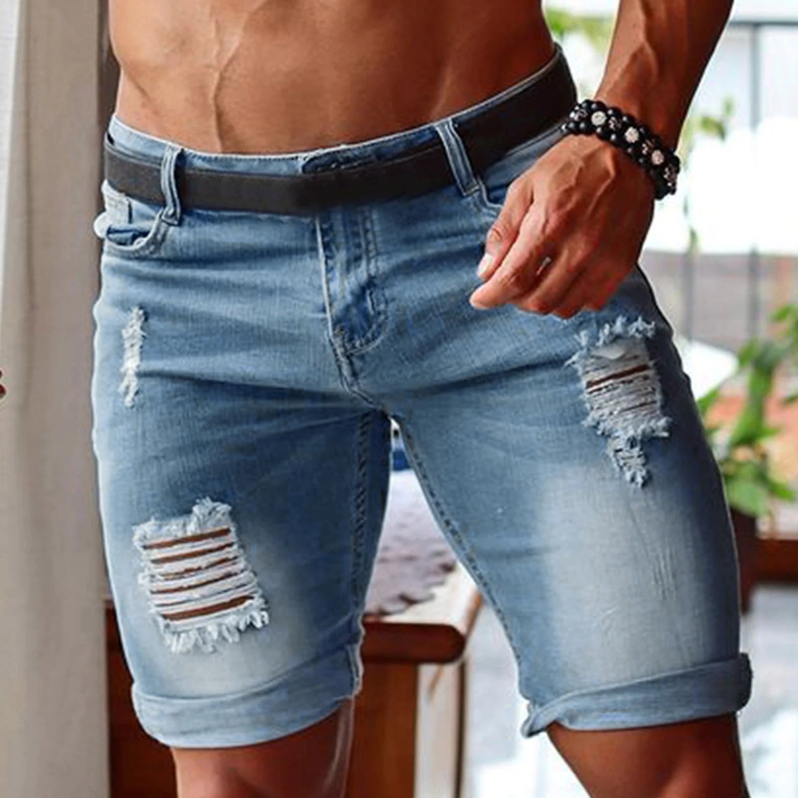 Men’s Ripped Denim Shorts – Light Blue  | VibeWear Summer Collection